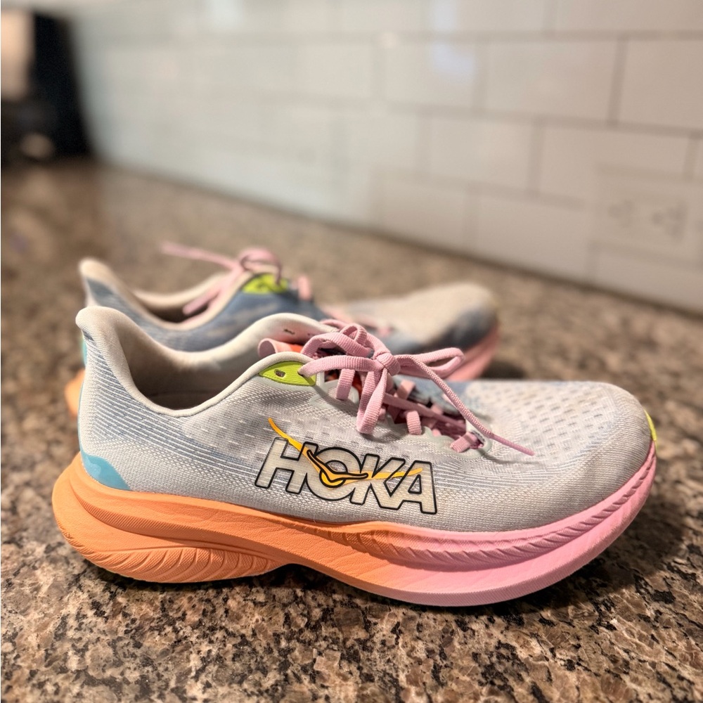Hoka Light Blue and Pink Running Shoes